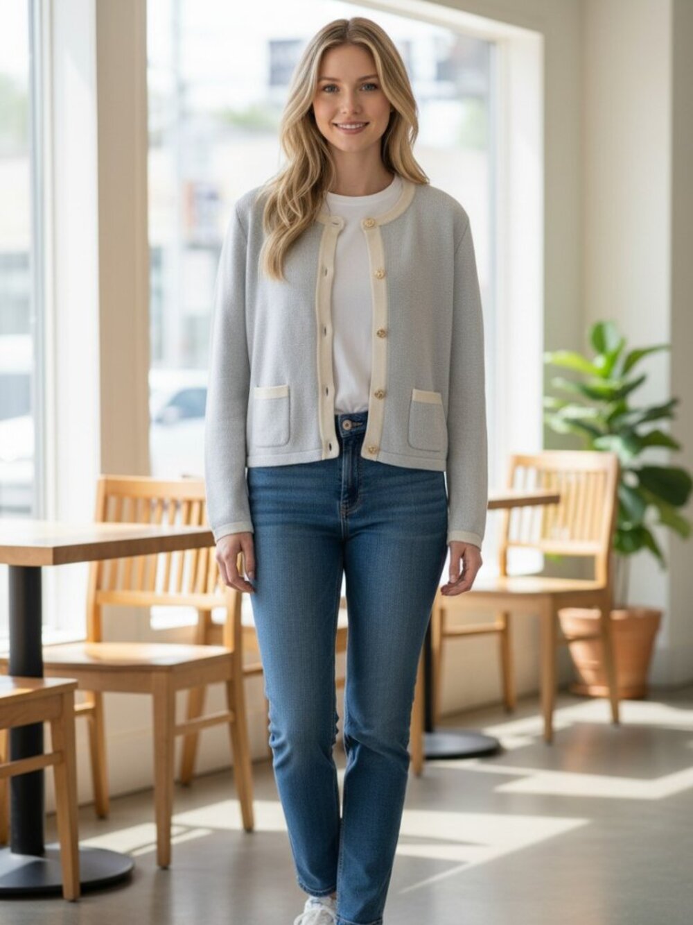 LOFT 100% Cotton Lady Jacket Cardigan - Light Blue & Cream - Size L